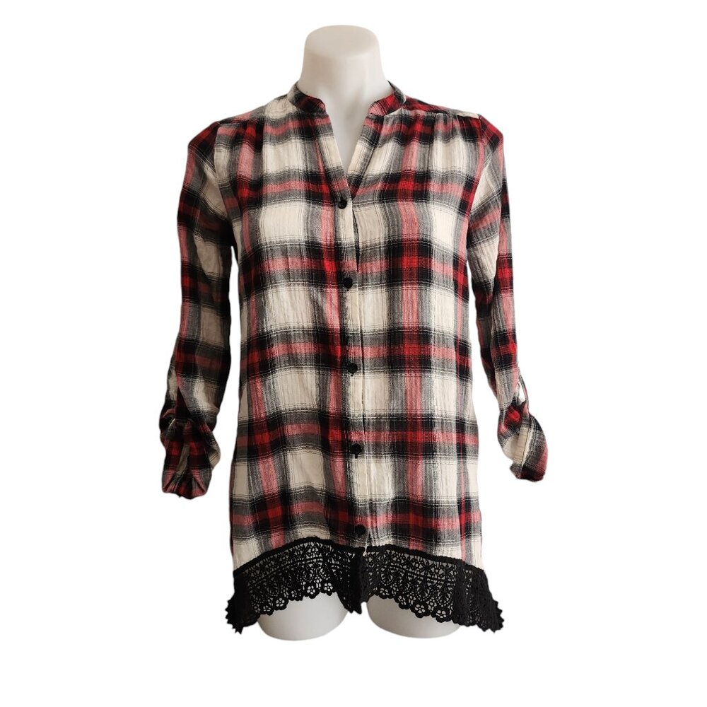 Wallpapher White, Black and Red Plaid Long Sleeve Top Size S